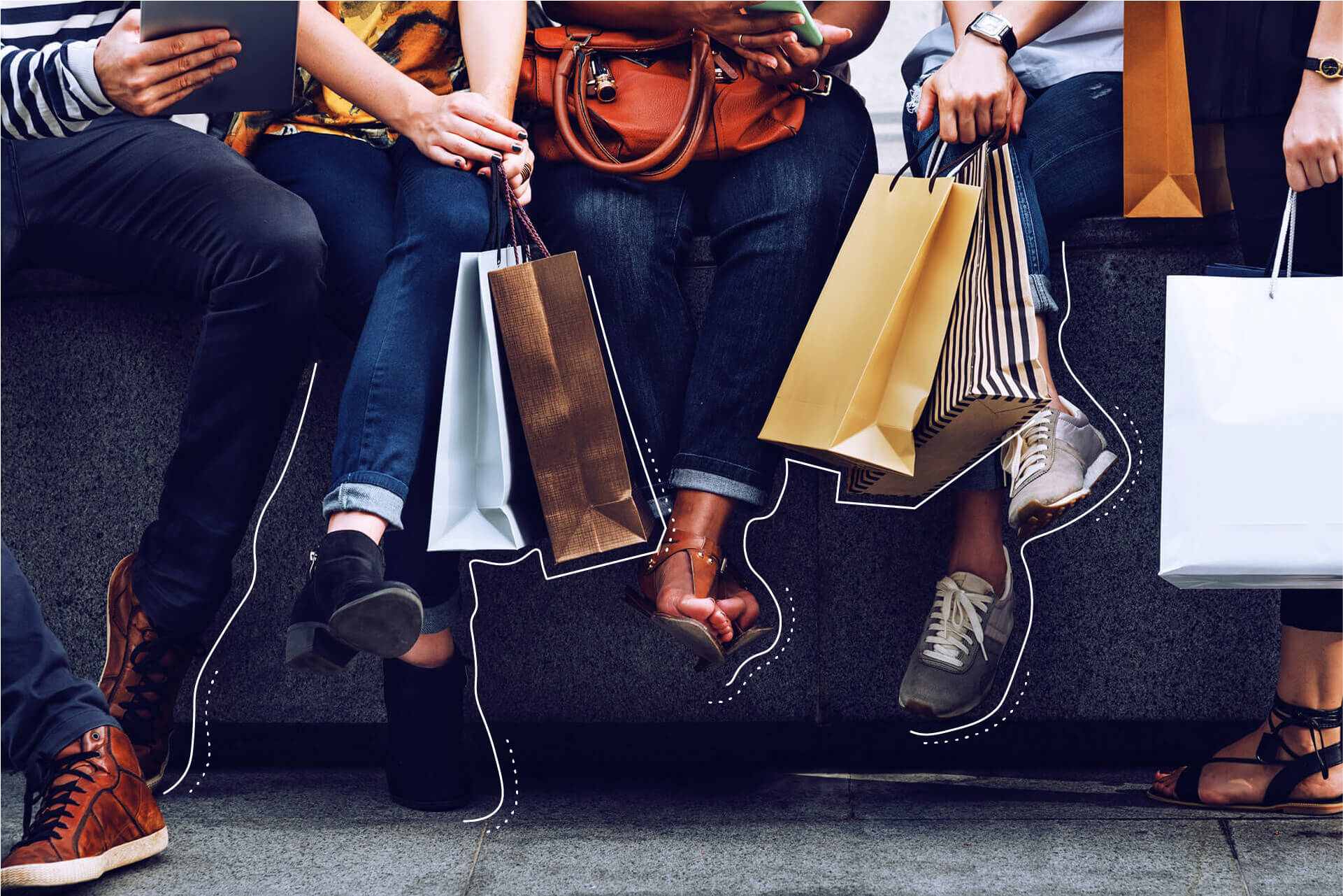 Group of people with shopping bags dangling their feet | eggheads.net