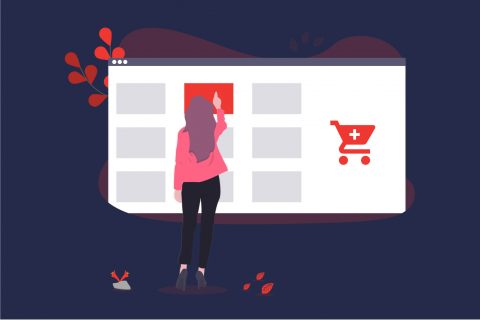 Illustration of a woman clicking on a screen displaying an online shop. | eggheads.net