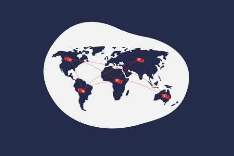 Illustration of a world map with rectangular text bubbles that are linked with each other across all continents. | eggheads.net
