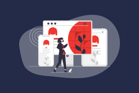 Illustration with woman in front of webshop on different devices | eggheads.net