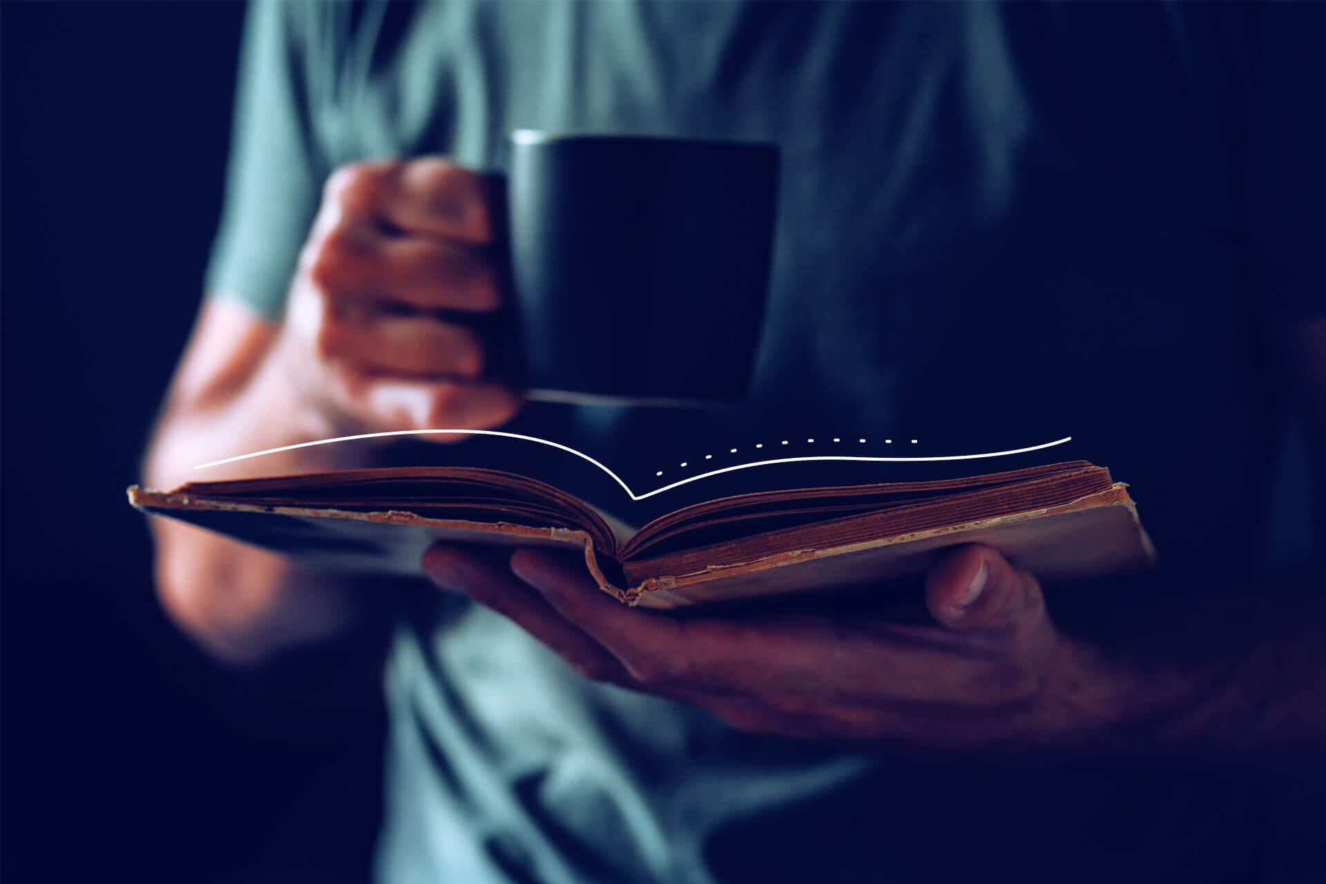 Picture of a person holding a cup and a book | eggheads.net