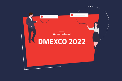 Illustration of speech bubbles with people in suits and the event title DMEXCO 2022 | eggheads.net