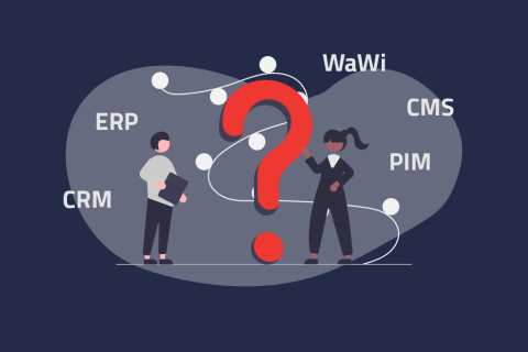 Illustration mit zwei Personeen neben großeem Fragezeeichen und den Wörtern ERP WaWi CRM CMS und PIM | eggheads.net