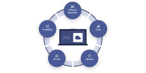 Circular illustration with laptop and representations of software operation, cost, updates, service and scalability of cloud software | eggheads.net