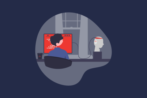Illustration mit Mann der vor Monitor sitzt neben dem ein Kabel zu einem Roboterkopf führt | eggheads.net