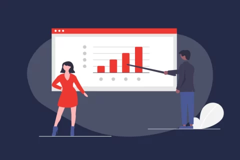 Illustration: 2 people in front of a bar chart with increasing gains in sales. | eggheads.net