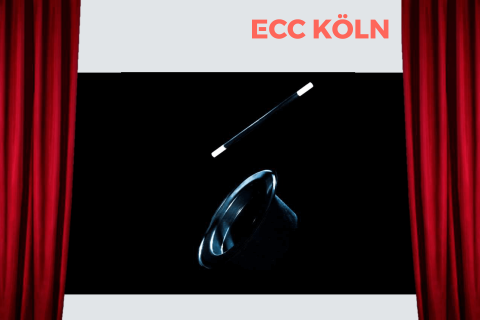 Roter Vorhang mit Zylinder und Zauberstab mit dem Logo des ECC Köln | eggheads.net